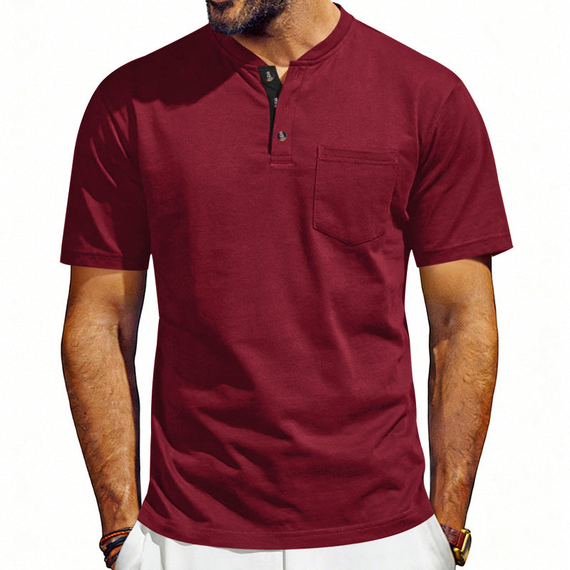 Maroon short-sleeve henley shirt worn by a person on a white background