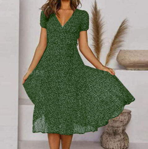 Printed V-Neck Short Sleeve Lace-Up Dress for Women