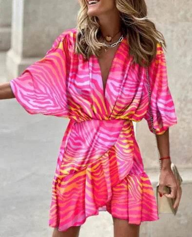 Irregular Hem Bat Sleeve V-Neck Dress – Bold Prints - ZA-Zola