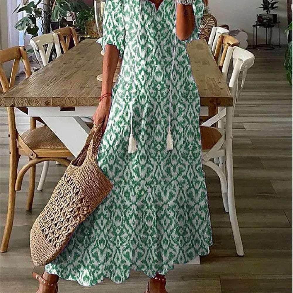 Floral V-Neck Long Dress – Elegant & Flowy Fit - ZA-Zola