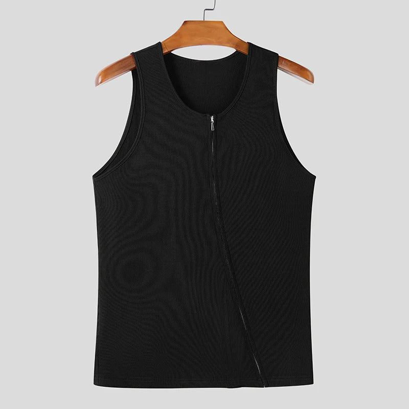 Black sleeveless zip-up shirt on a wooden hanger against a light gray background