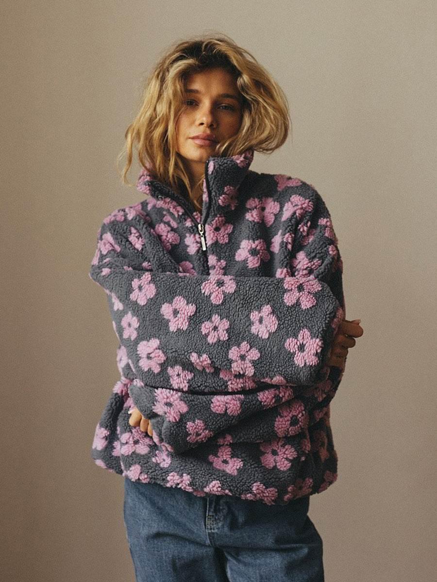 Winter Flowers Lambskin Sweatshirt – Cozy Zip-Up Pullover - ZA-Zola