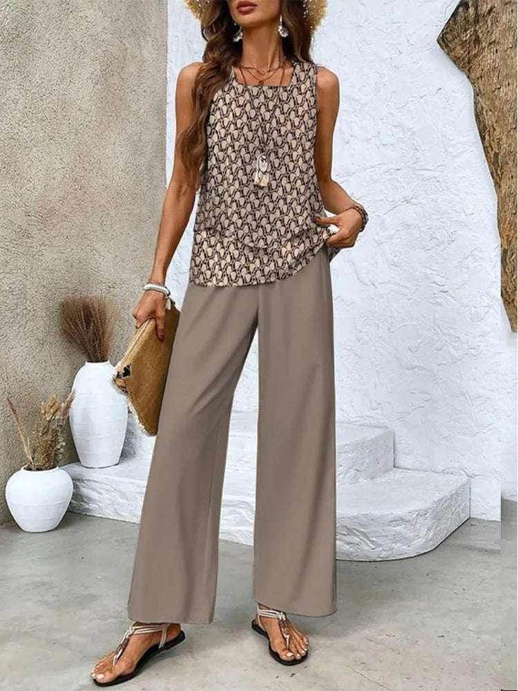 Woman in chic sleeveless patterned top and wide-leg trousers, ZA-Zola UK fashion style
