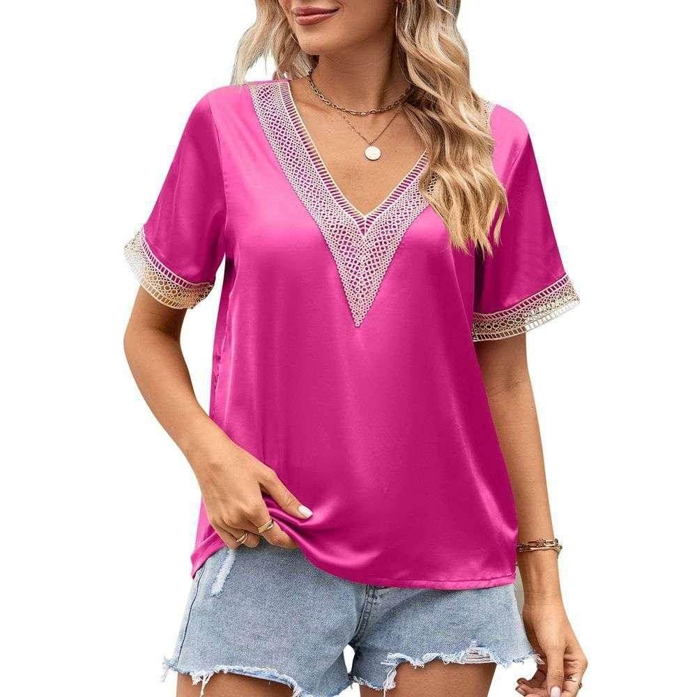 V-Neck Lace Patchwork Loose Commuter Top - ZA-Zola