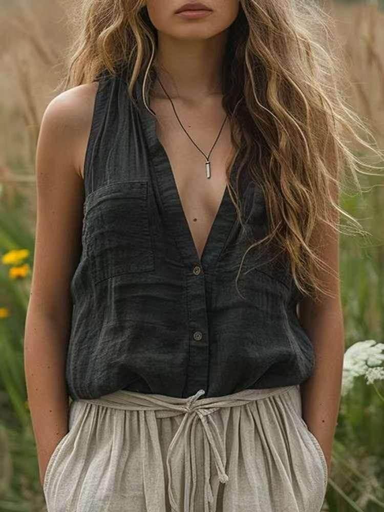 Loose Cotton Linen V-Neck Vest with Pockets - ZA-Zola