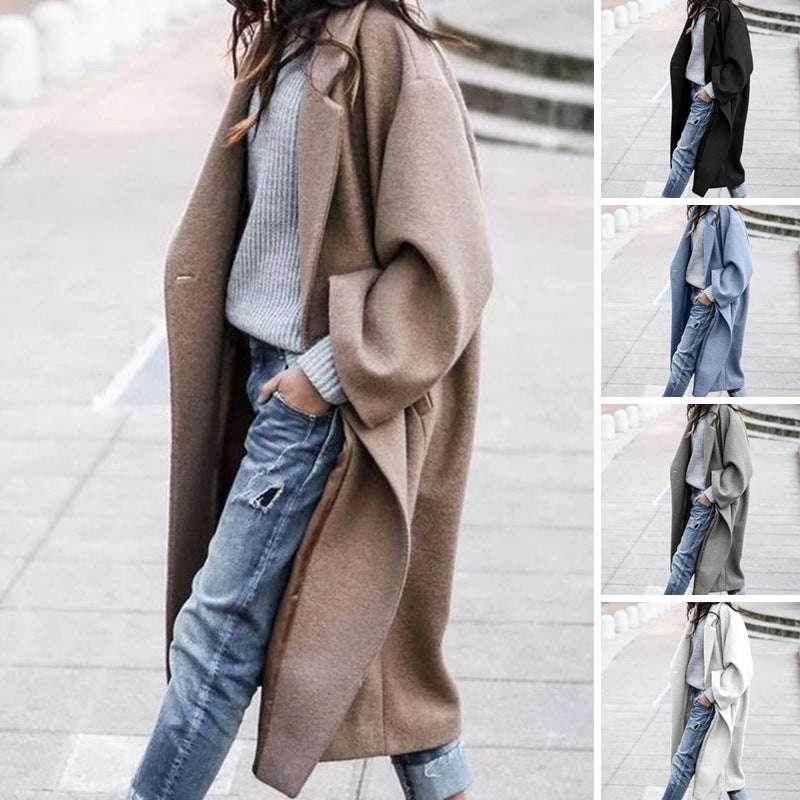 Casual Long Woolen Coat with Pockets – Women's Winter Lapel Jacket - ZA-Zola