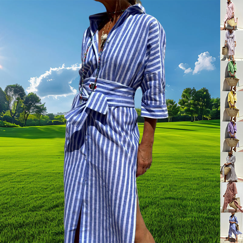 Striped Shirt Dress with Belt Half Sleeve Lapel Button Cardigan Dress Women's Fashion Clothing