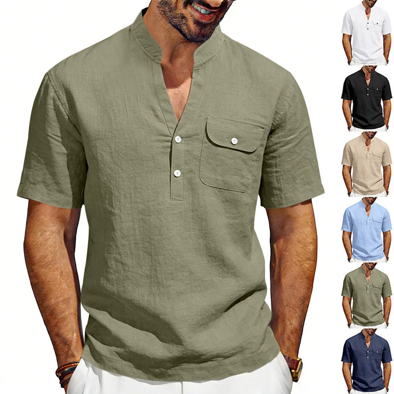 Green short-sleeve shirt with pocket and button details, displayed on a man against a white background.
