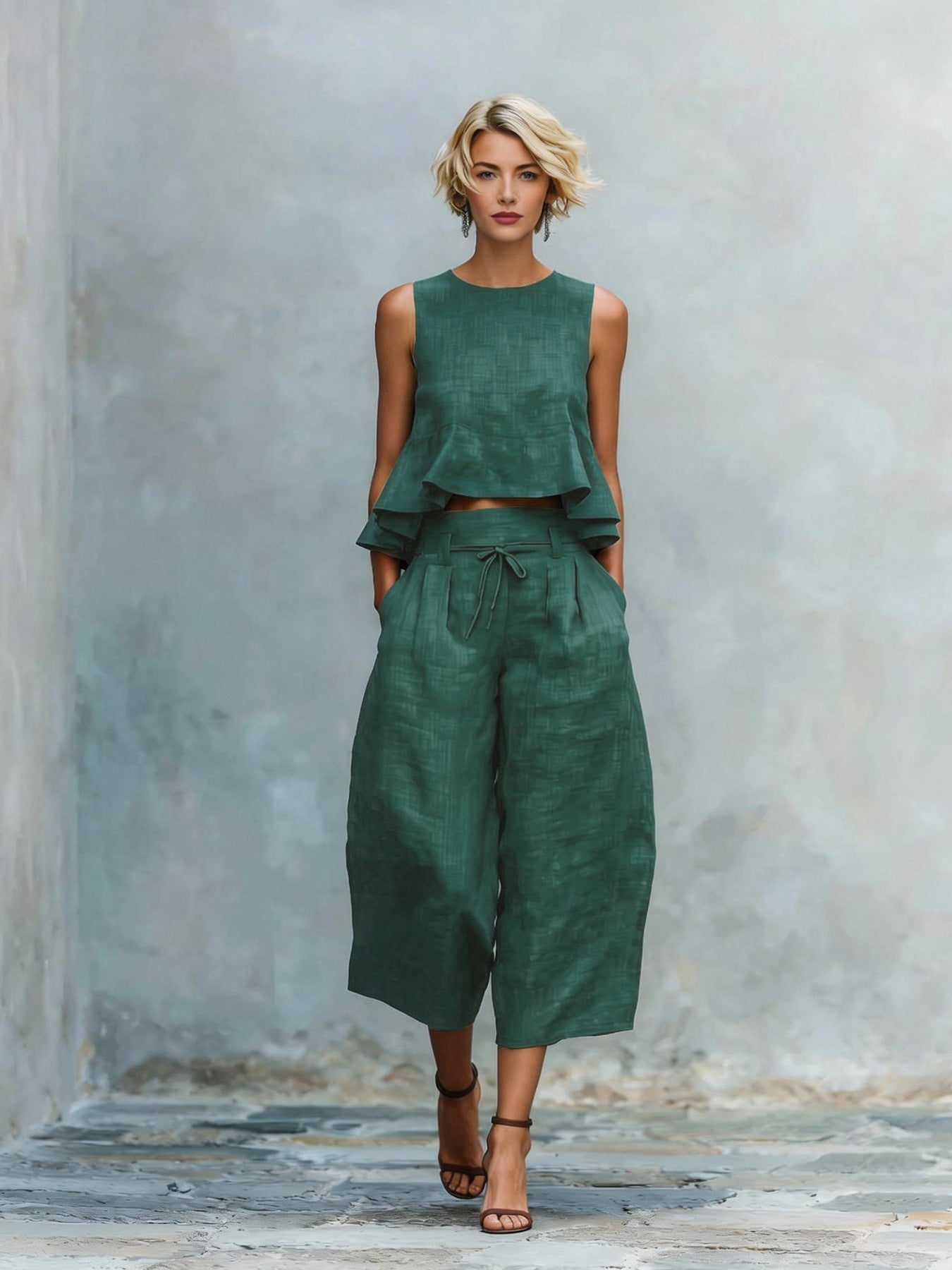 Woman wearing a green outfit against a textured wall.