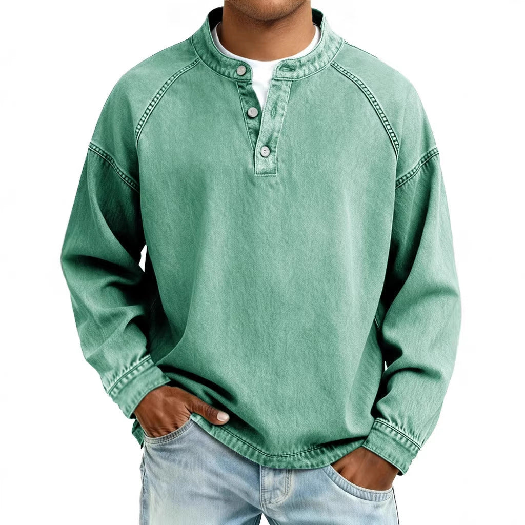 Person wearing a green long-sleeve shirt on a white background