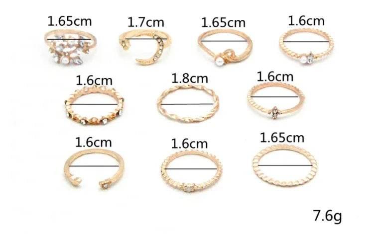 Bohemian Moon & Star Ring Set – 10-Piece Gold Look - ZA-Zola