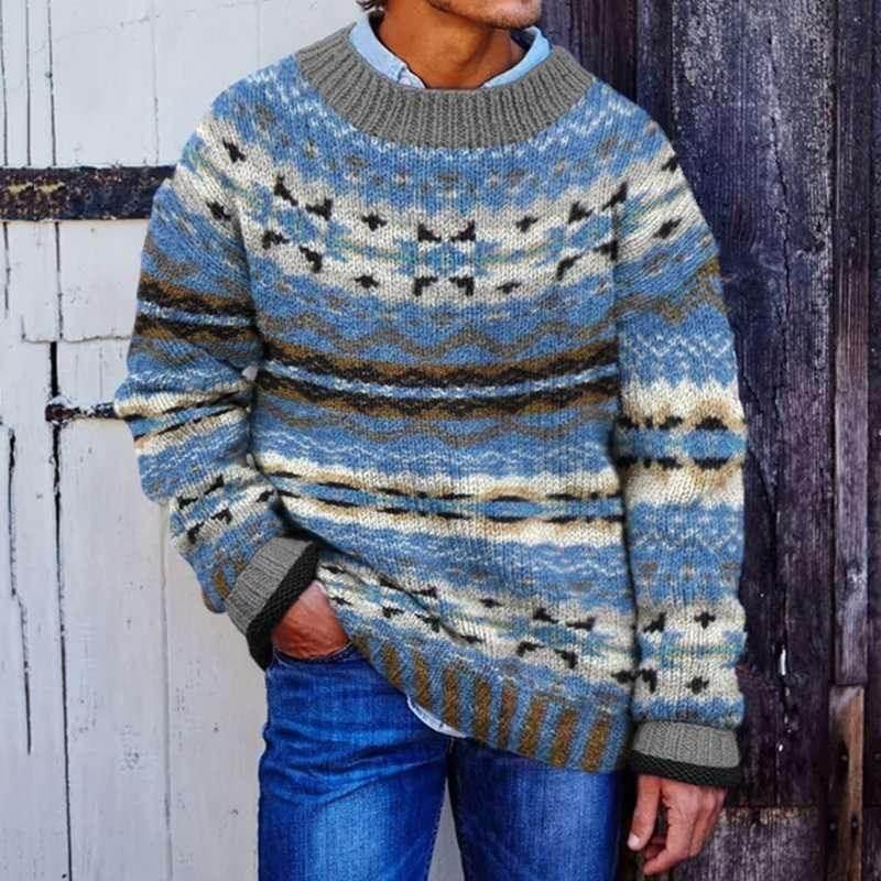 Digital Print Striped Patchwork Round Neck Sweater - ZA-Zola