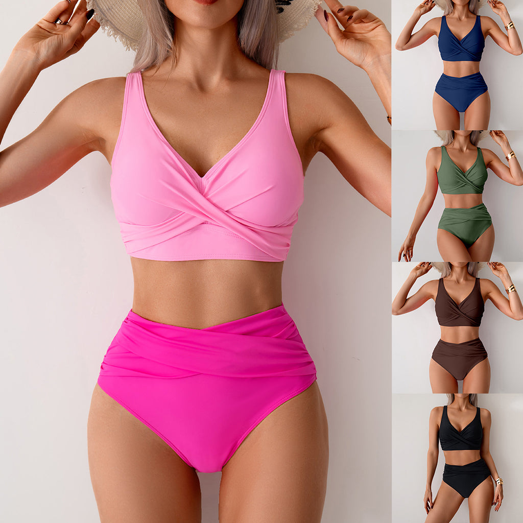 Woman wearing a pink bikini with additional images of women in various colored bikinis.