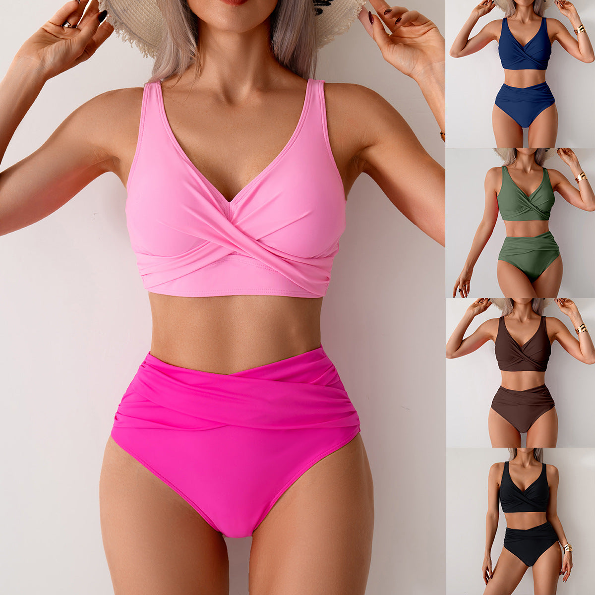 Woman wearing a pink bikini with additional images of women in various colored bikinis.
