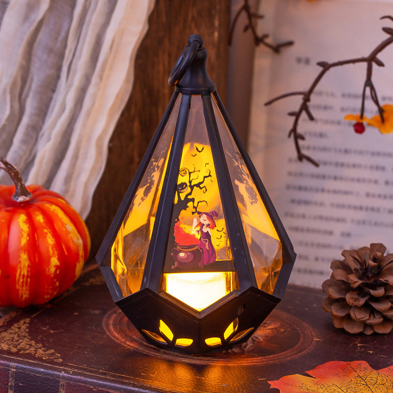Decorative lantern with Halloween theme on a table with pumpkins and leaves.