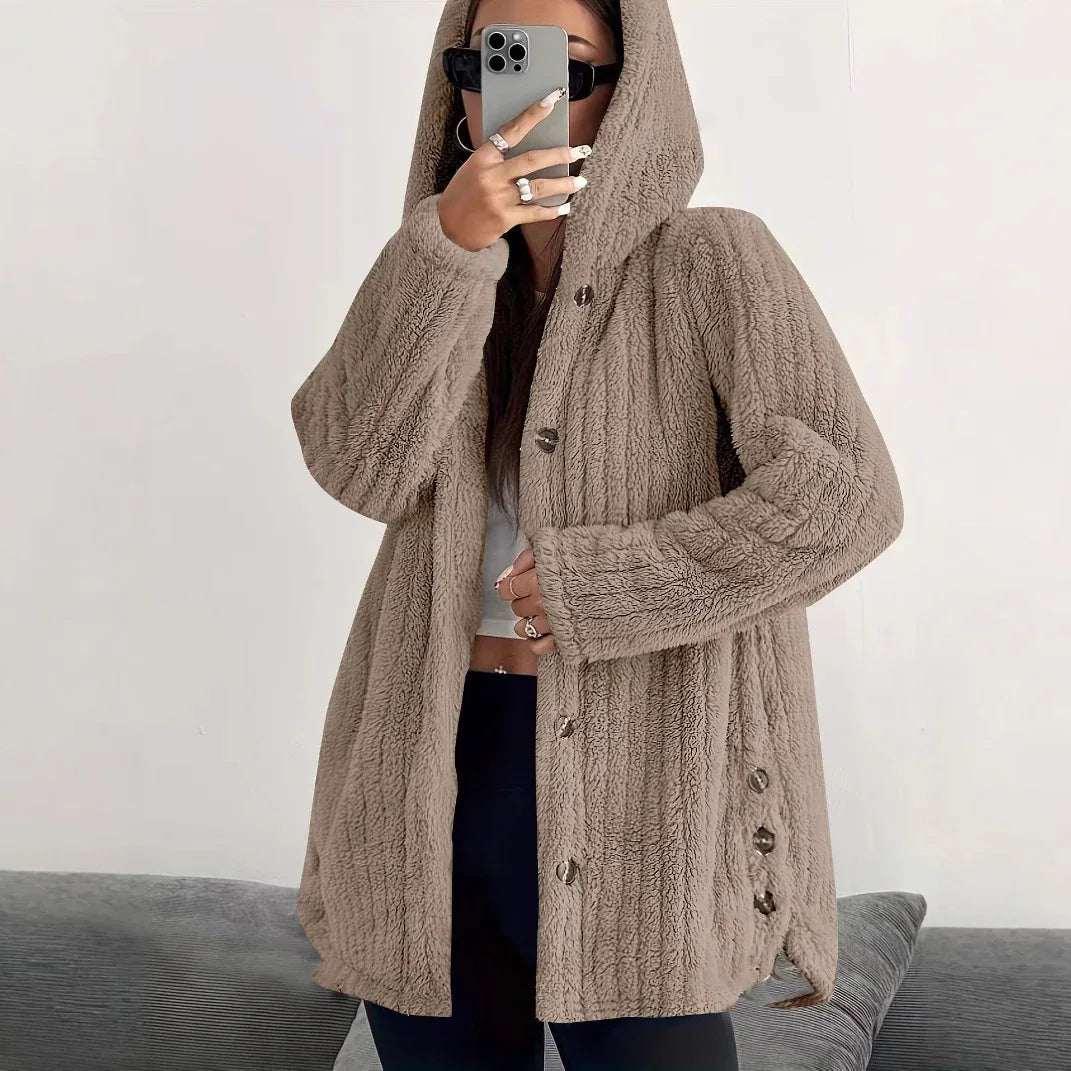 Women’s Hooded Plush Coat – Loose Long Sleeve Jacket - ZA-Zola