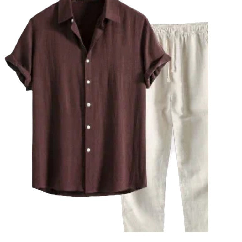 Brown shirt and white pants on a white background