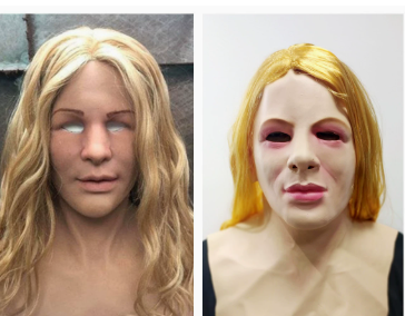 A side-by-side comparison of a realistic blonde female latex bust and a matching latex mask with visible breasts, shown against a plain light background.