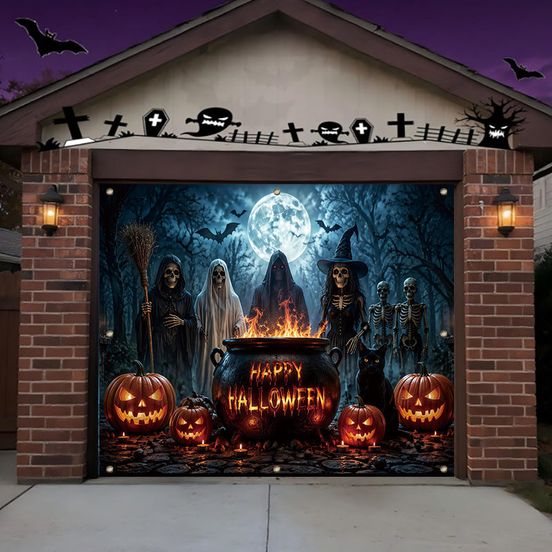 A large Halloween-themed garage door mural displayed on a residential garage. The printed design features a spooky haunted forest scene with a full moon, bats, skeletons, a cauldron reading 'Happy Halloween,' jack-o'-lanterns, and a black cat.