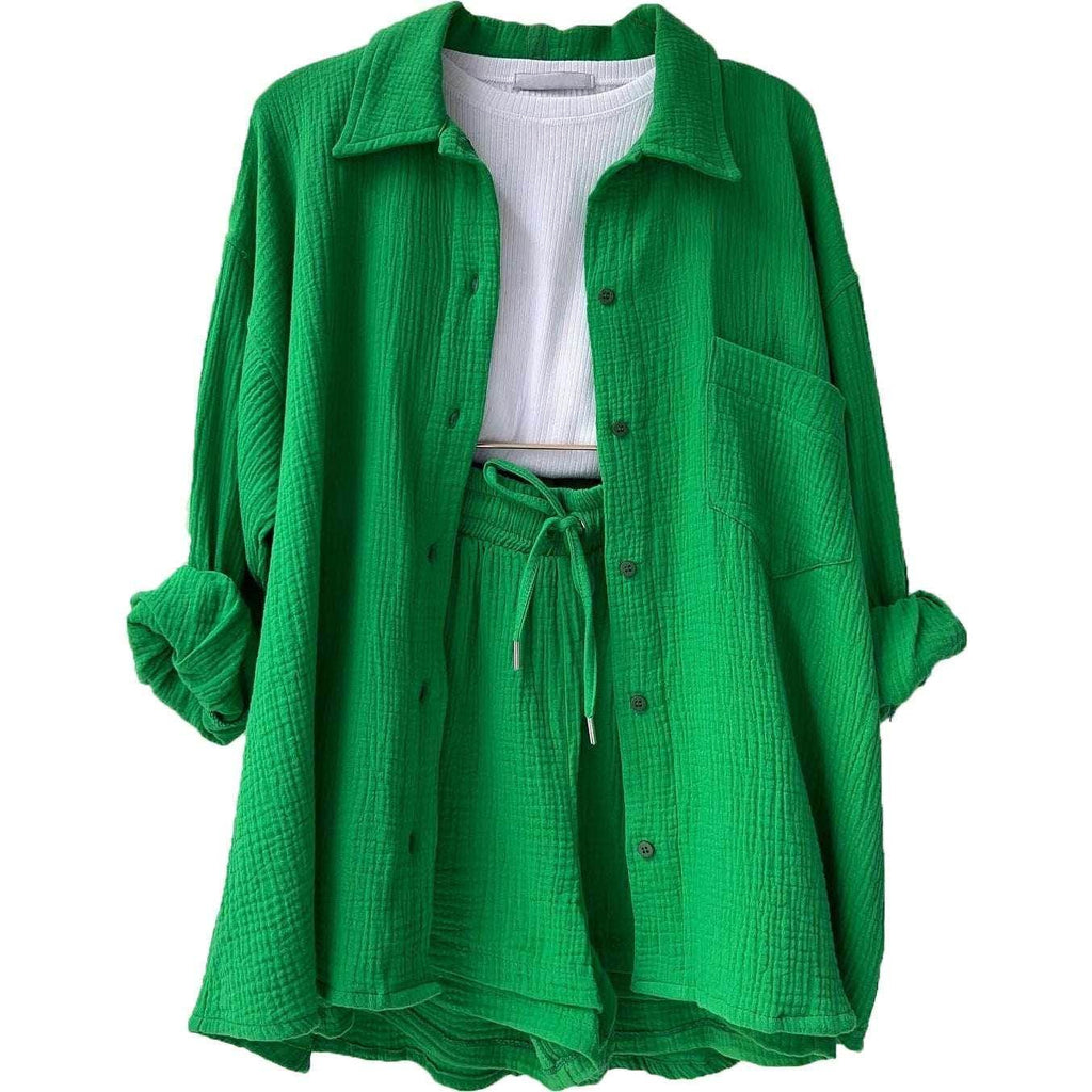 Bright green textured shirt and shorts set with white ribbed crop top, trendy ZA-Zola fashion