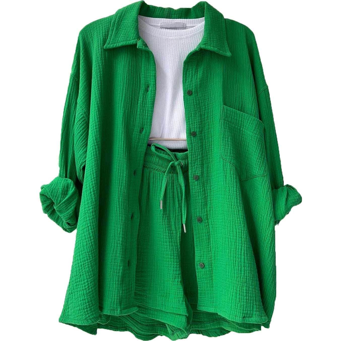 Bright green textured shirt and shorts set with white ribbed crop top, trendy ZA-Zola fashion