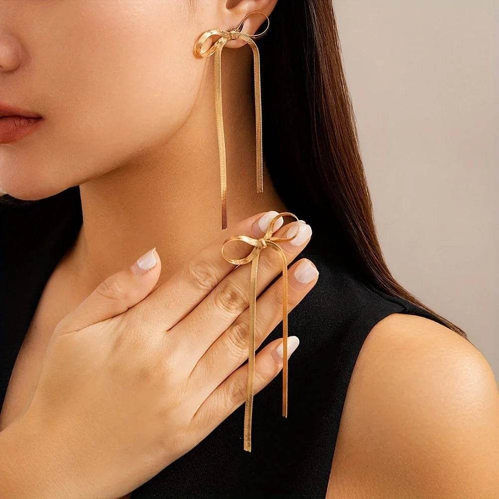 18k Gold Plated Bow Earrings – Hypoallergenic Herringbone Design - ZA-Zola