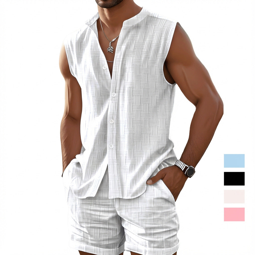 Man wearing a sleeveless white shirt and shorts set on a white background with color swatches.