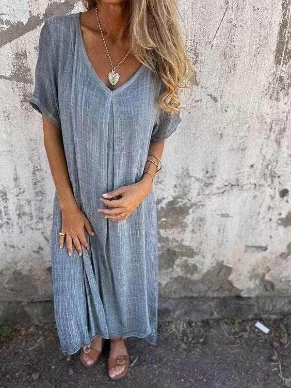 Cotton Linen V-Neck Semi-Formal Midi Dress - ZA-Zola