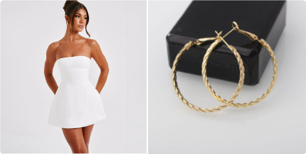 Woman in a white strapless dress on the left, gold hoop earrings on the right.