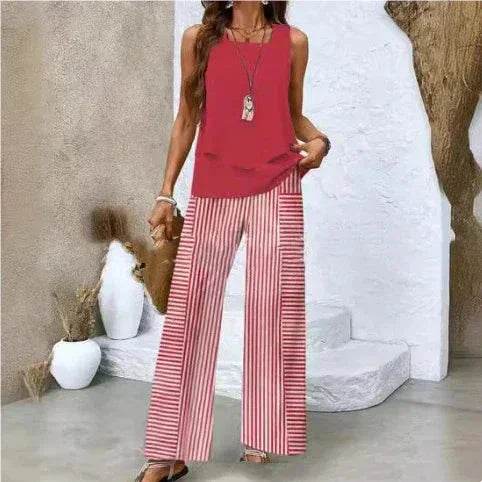 Woman wearing red sleeveless top and striped wide-leg pants, modern chic outfit ZA-Zola