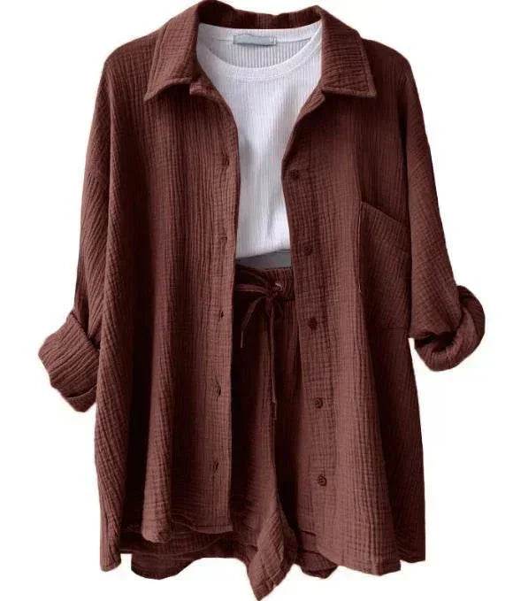 ZA-Zola brown textured button-up shirt and shorts set with white ribbed top