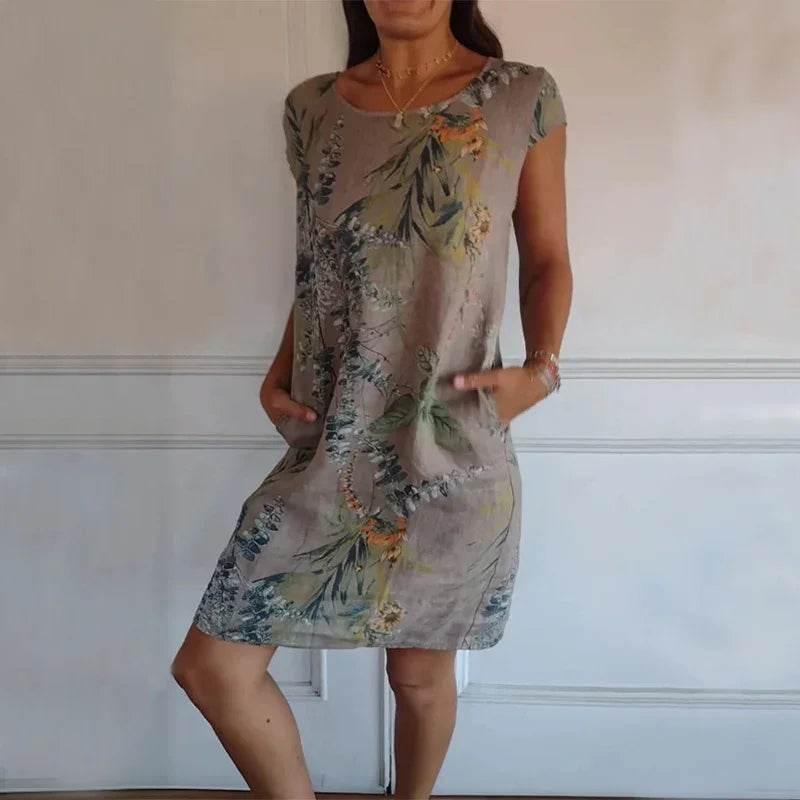 Floral Leaf Print Cotton Summer Dress with Pockets - ZA-Zola