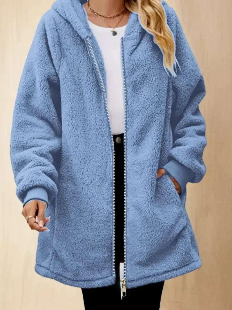 Women’s Plush Zip Hoodie Coat – Loose Long Sleeve Jacket - ZA-Zola