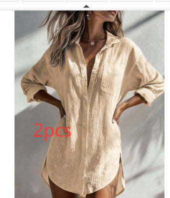 A woman wearing a light beige linen button-up shirt with rolled-up sleeves and a relaxed fit, shown against a sunlit gray wall. Red text overlay reads '2pcs'.