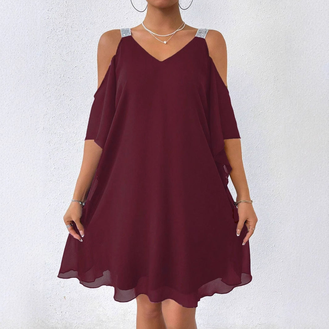 Solid Color V Neck Elegant European And American Style Dress for Women