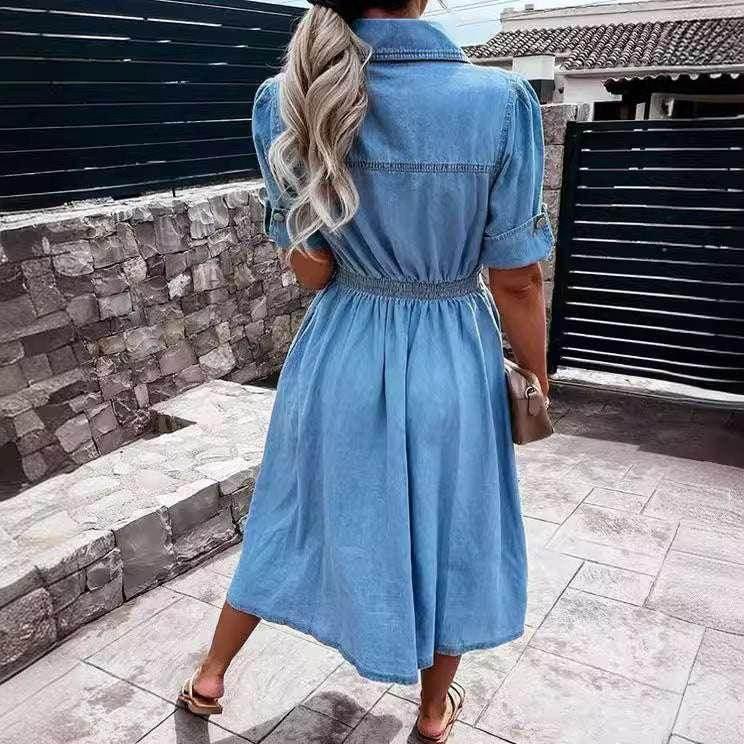 Elegant Denim Lapel Dress – Slim Fit & Stylish - ZA-Zola