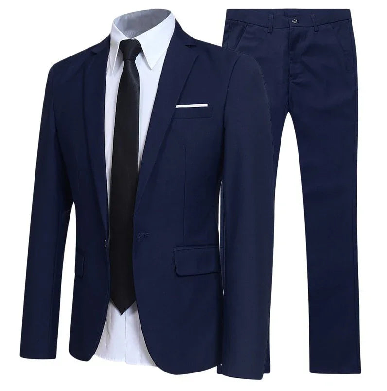 Navy blue suit jacket, white shirt, and black tie on a white background