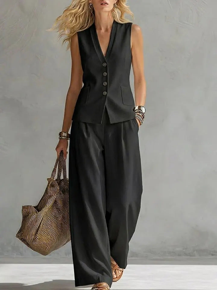 V Neck Sleeveless Linen Pants Set | Summer