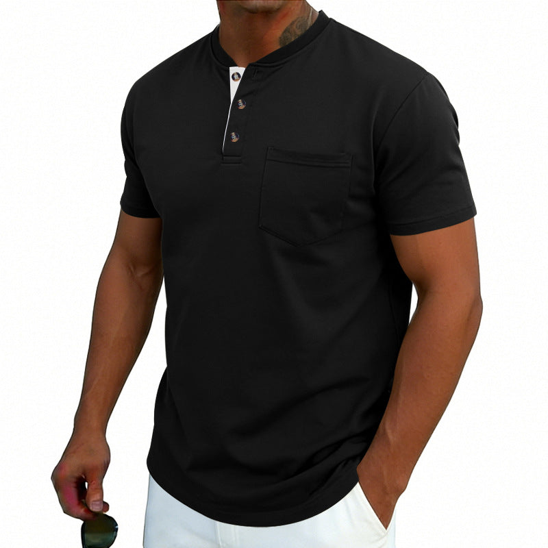 Man wearing a black short-sleeve shirt on a white background