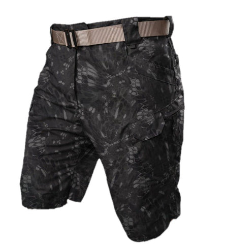Black camouflage shorts with a belt on a white background
