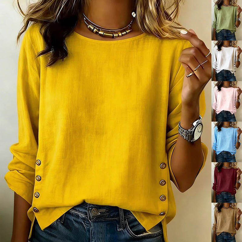 A woman wearing a loose yellow long-sleeve top with decorative buttons along the sleeve hems and a curved hem. The image includes a vertical strip of smaller inset photos on the right showing the top in multiple color options.