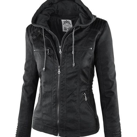Women’s Zipper Leather Jacket with Detachable Lapel Coat - ZA-Zola