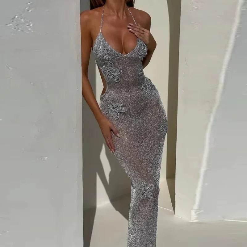 Women's Deep V Slim Fit Sequin Backless Party Dress – Bright Silver Glam - ZA-Zola