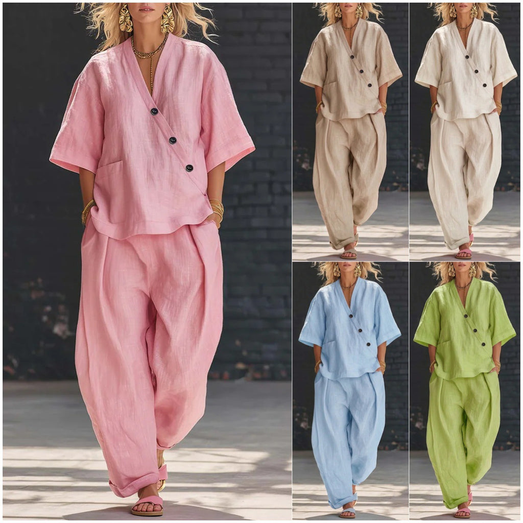 Woman wearing a pink outfit with black buttons, followed by beige, blue, and green outfits.