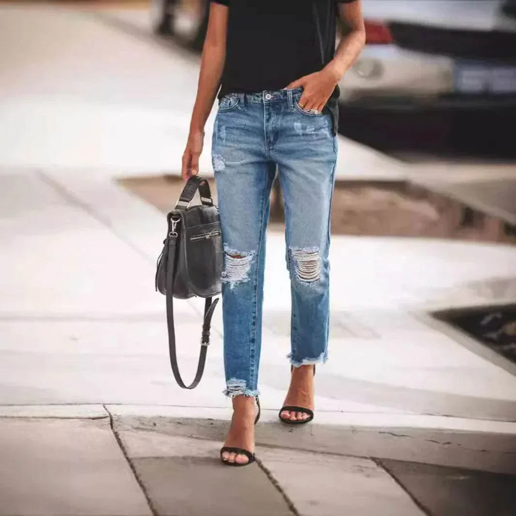 Women's Ripped Retro Straight Jeans - ZA-Zola