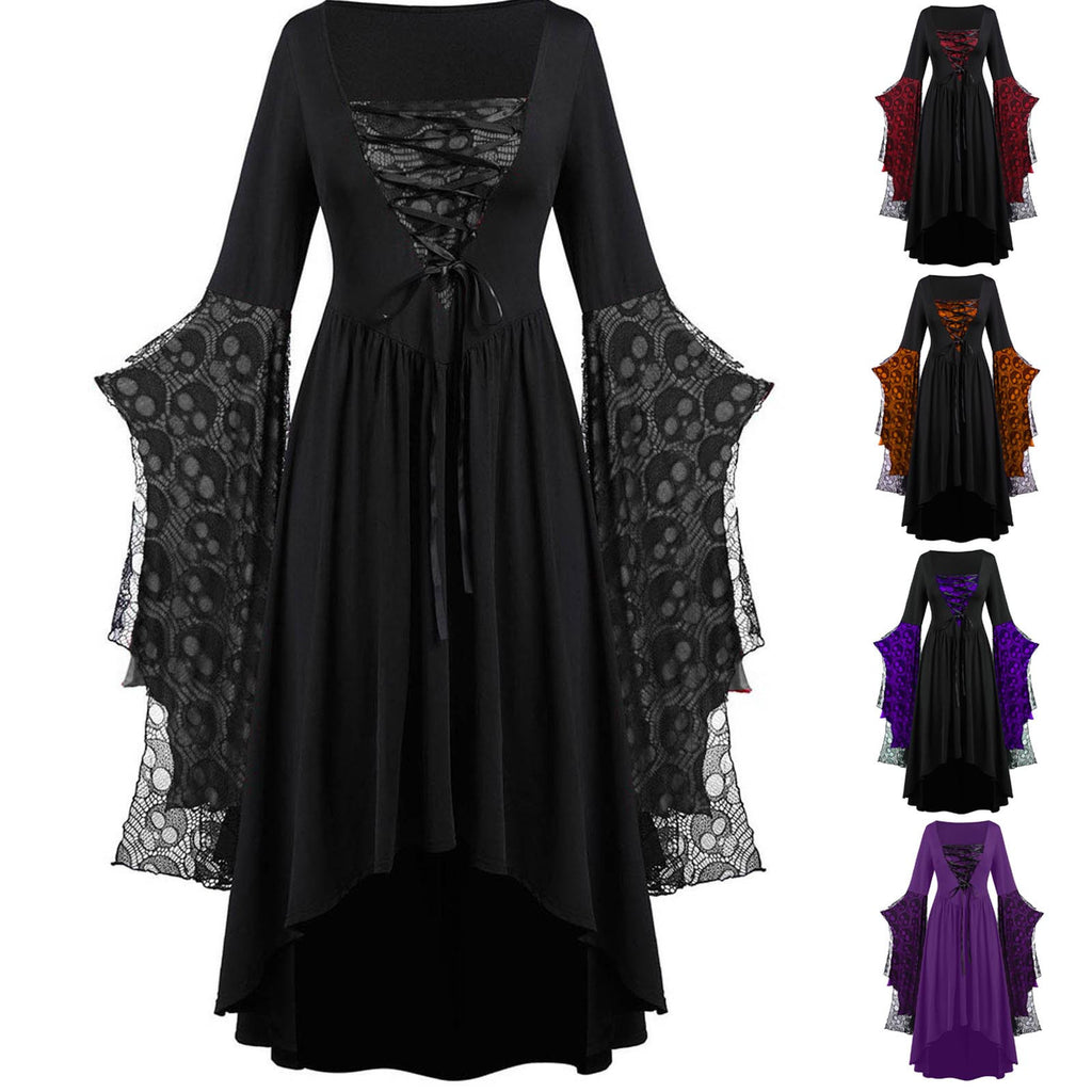 Black dress with lace sleeves and multiple color options displayed.