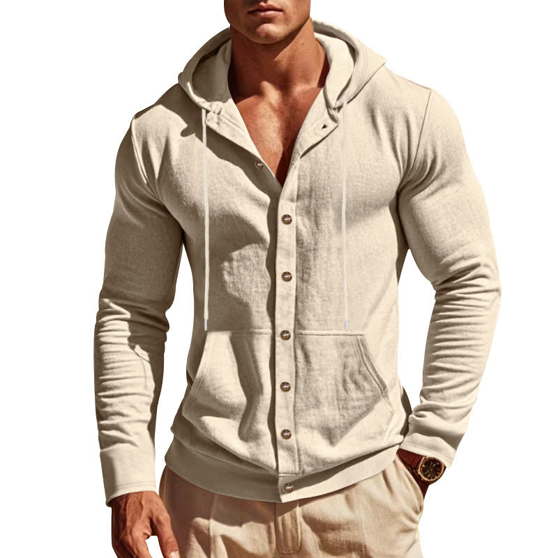 Beige hoodie with button details on a white background