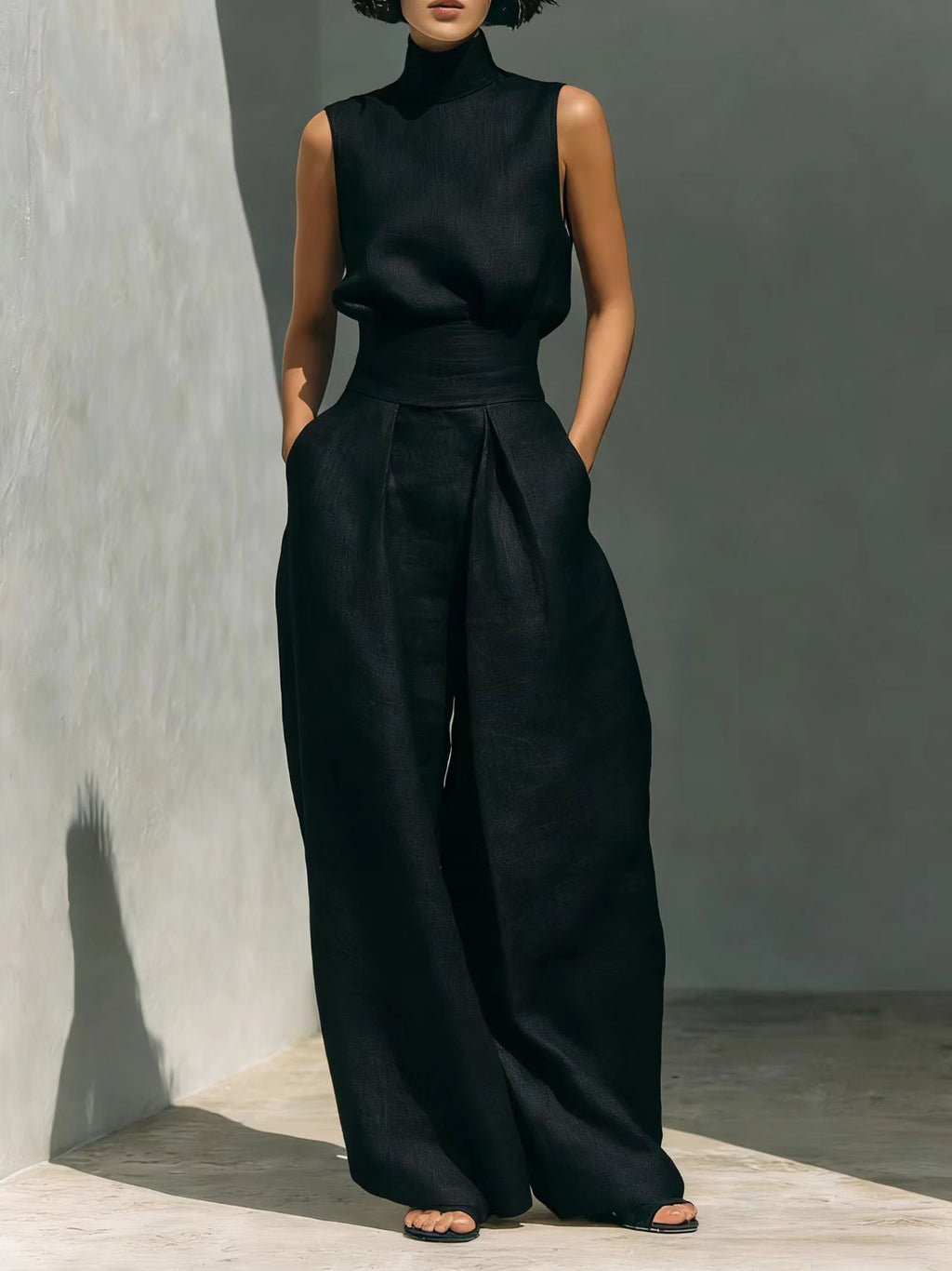 Person wearing a black sleeveless top and wide-leg pants against a gray wall.