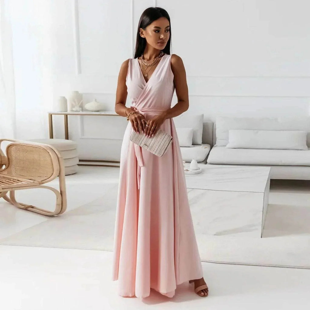Elegant V-Neck Solid Color Formal Dress – Chic & Classy - ZA-Zola