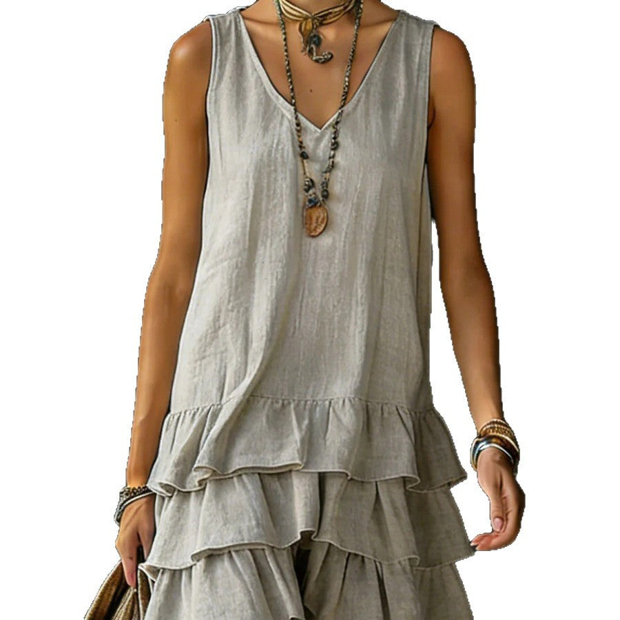 V-Neck Cotton Linen Women's Sleeveless Dress – Fashionable Mid-Length Straight Sundress